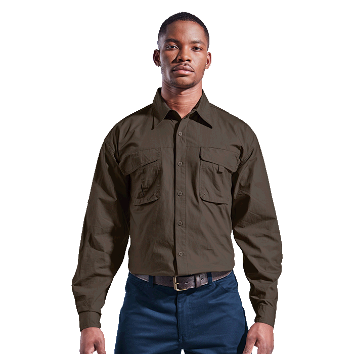 Branded L/S Bush Shirt in khaki and other colours for outdoor, farming and hunting.