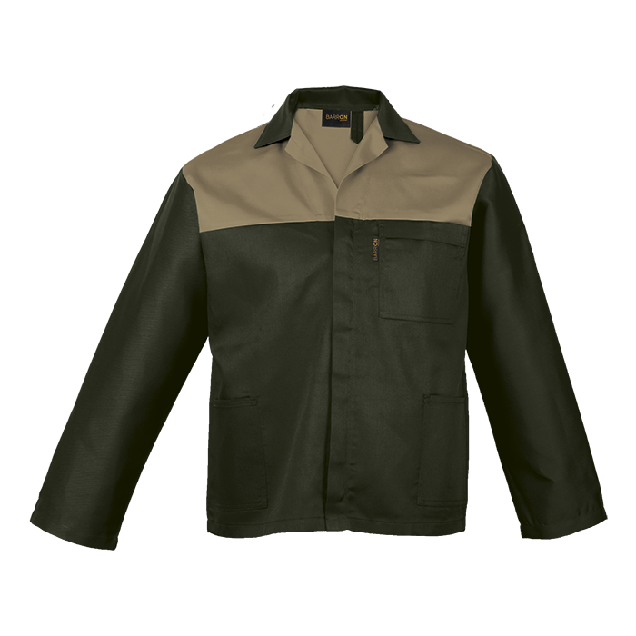 Durable branded overall jacket available in green, khaki, and various colors. Perfect for outdoor farm workwear and rugged environments.